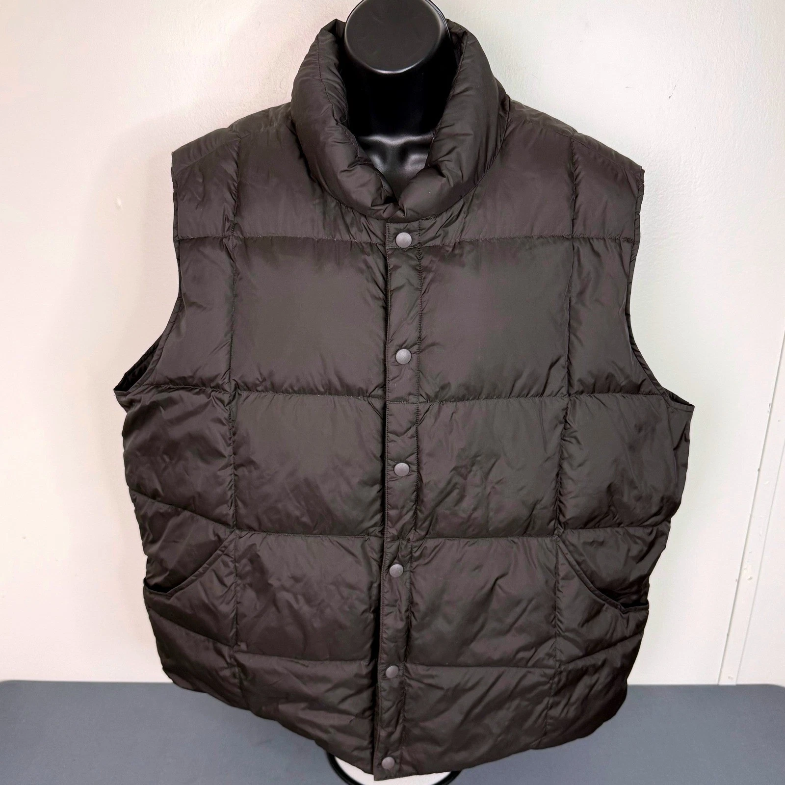 Lands End Puffer Vest Mens XL Brown Goose Down Quilted Snap Front Outdoor