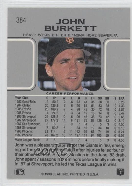 2012 Leaf Memories 1990 Leaf Buyback Silver Foil /20 John Burkett #384 - Image 2 of 2