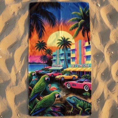 Art Deco South Beach Towel - Miami Neon Flamingo Palm Retro Ocean Sunset