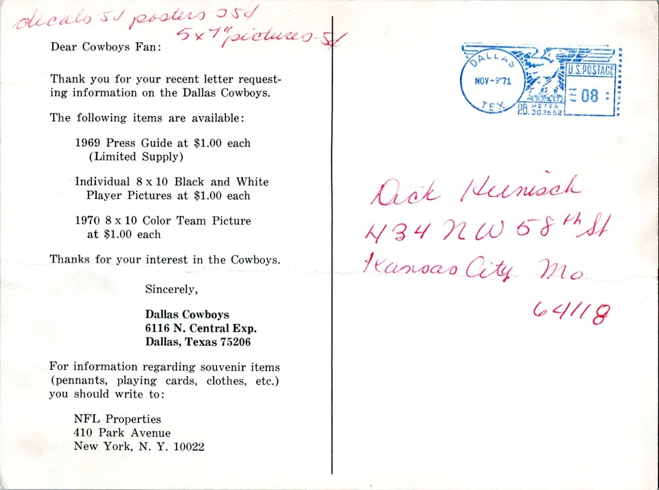 6x8 Promotional Postcard- 1970 Dallas Cowboys Football Team Photo NFL - Staubach - Image 2 of 2