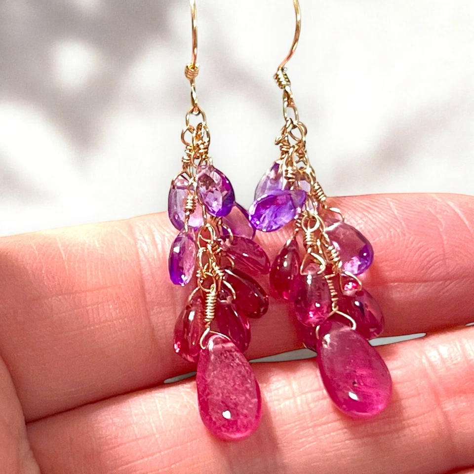 Pendientes Amatista Natural Rubelita y Zafiro Rosa Oro Rosa Sólido 18K 750 Foto 3 de 4