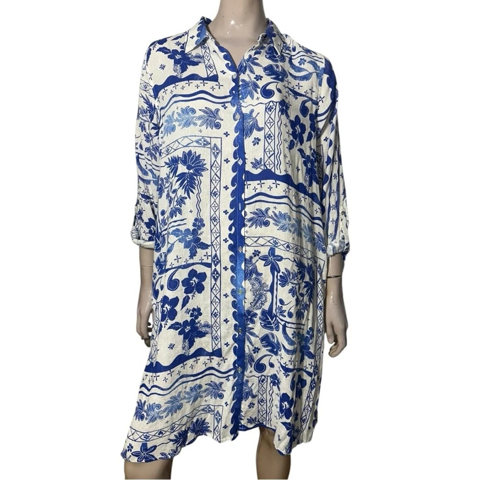 Vestido Camisa Joie Para Mujer L Azul Blanco Lino Estampado Batik Abotonada Manga Enrollada Foto 2 de 4