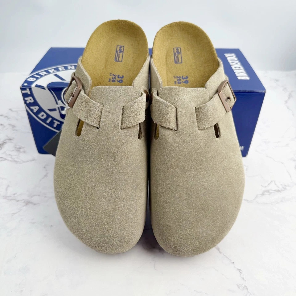 Birkenstock Boston Suede Leather Taupe Soft Footbed Clog Women and Men Shoes - Image 2 of 4
