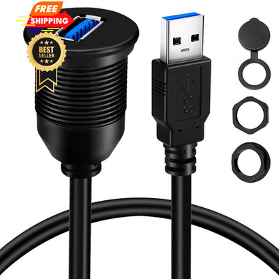 BATIGE Single Port USB 3.0 Male to Female AUX Car Mount Flush 1ft, Black