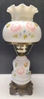 Vtg GWTW Parlor Banquet Table Lamp Handpainted Pink Rose Milk Glass Cast Brass