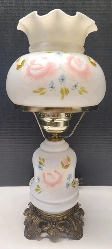Vtg GWTW Parlor Banquet Table Lamp Handpainted Pink Rose Milk Glass Cast Brass