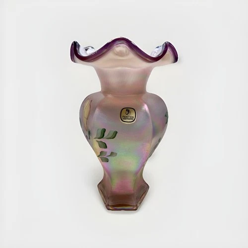 Fenton Champagne Satin Iridized Hand Painted Hexagonal Vase Special Order 1997