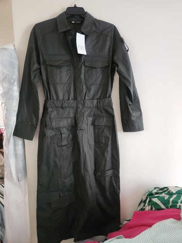 ZARA Damen TASCHEN MIDI SHIRT KLEID DARK KHAKI Gr. L Neu mit Etikett