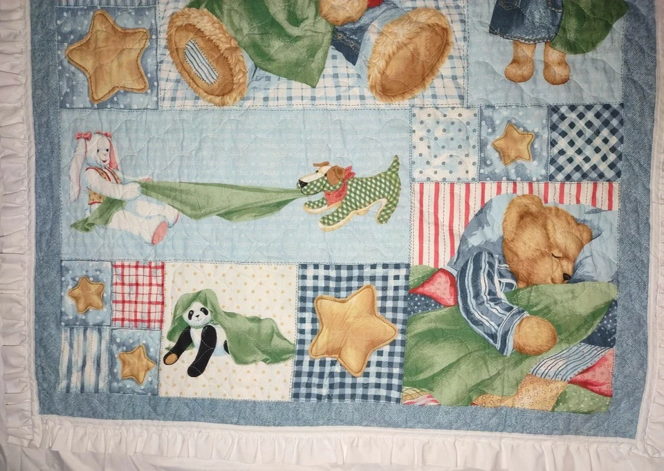 Oso de peluche Jean azul hecho a mano manta para cuna de bebé edredón niña niño estrellas 34x44 blanco Foto 3 de 4