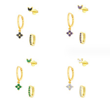 Women Girl 3 Pairs 18K Gold CZ Tiny Dangle Stud Hoop Huggie Earrings Gift PE36