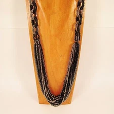 34" Long Multi Strand Boho Handmade Black Silver Seed Bead Statement Necklace