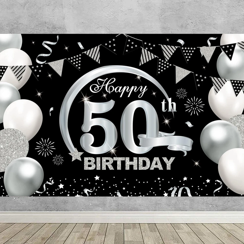 Banner de cumpleaños del 50 aniversario de 7X5 pies telón de fondo negro y plateado decoración de aniversario Foto 4 de 4