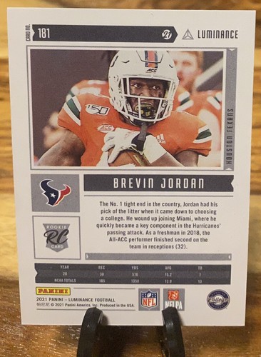 BREVIN JORDAN 2021 PANINI LUMINANCE SP /25 RC Texans Hurricanes - Picture 3 of 4