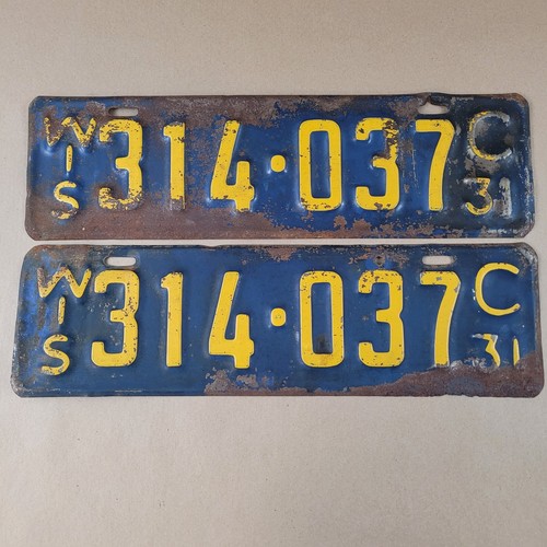 Pair of 1931 Wisconsin License Plates Original Paint 16 5/8" x 4 3/4" 314-037 C