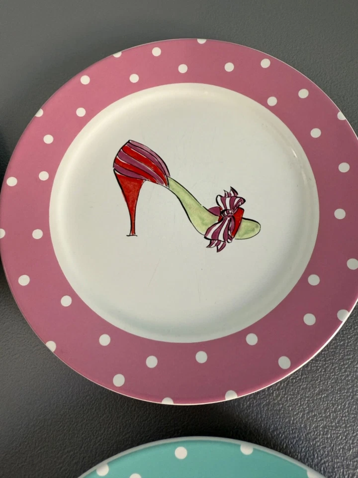 Lot 4 Rosanna High Heel Stiletto Shoe Salad Plates Colorful Pastel Polka Dot 8" - Image 3 of 4