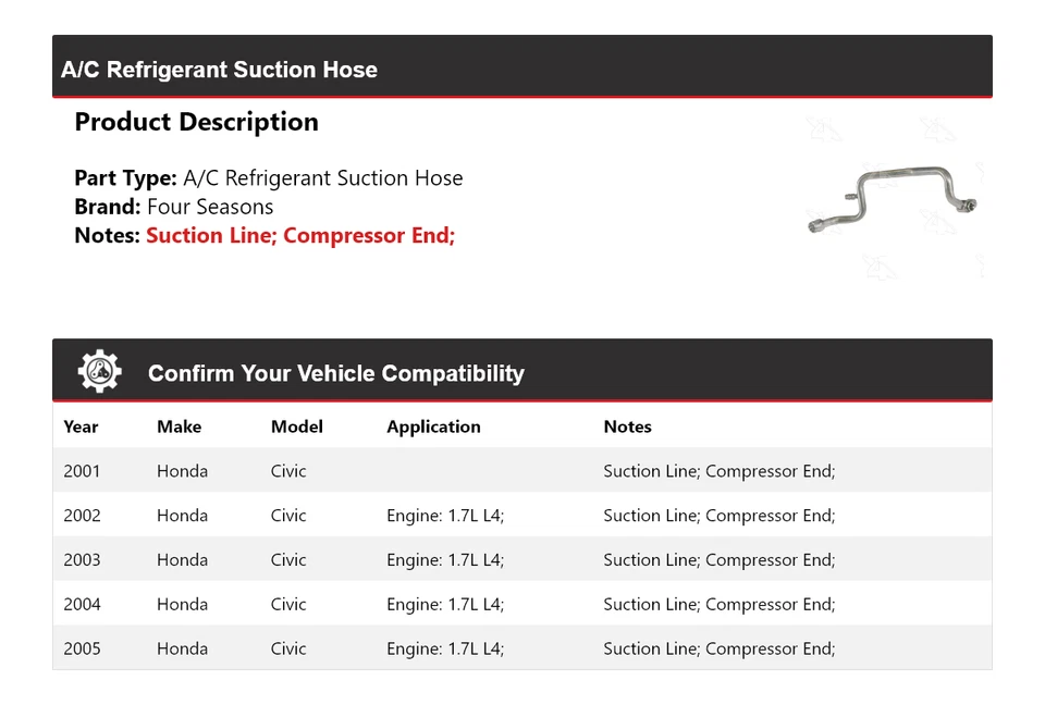 Manguera de succión de refrigerante aire acondicionado Honda Civic 2001-2005 4 estaciones 2002 2003 2004 Foto 2 de 4