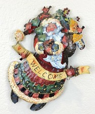 Vintage Metal Santa Claus Welcome Sign Christmas Door Hanger 3D Rustic Folk Art