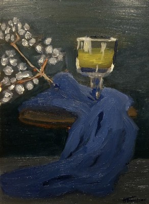 Original Oil Painting Still Life Glass Flowers Blue Cloth Canvas   Signed