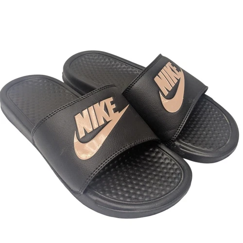 NIKE Benassi sandali slide donna taglia 7 just do it oro rosa nero slip on