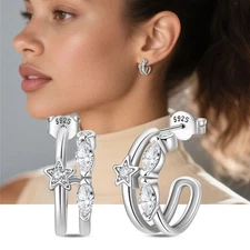 KUNSIR 925 Sterling Silver Double Layer Star Earrings AAA CZ Women Stud Earrings