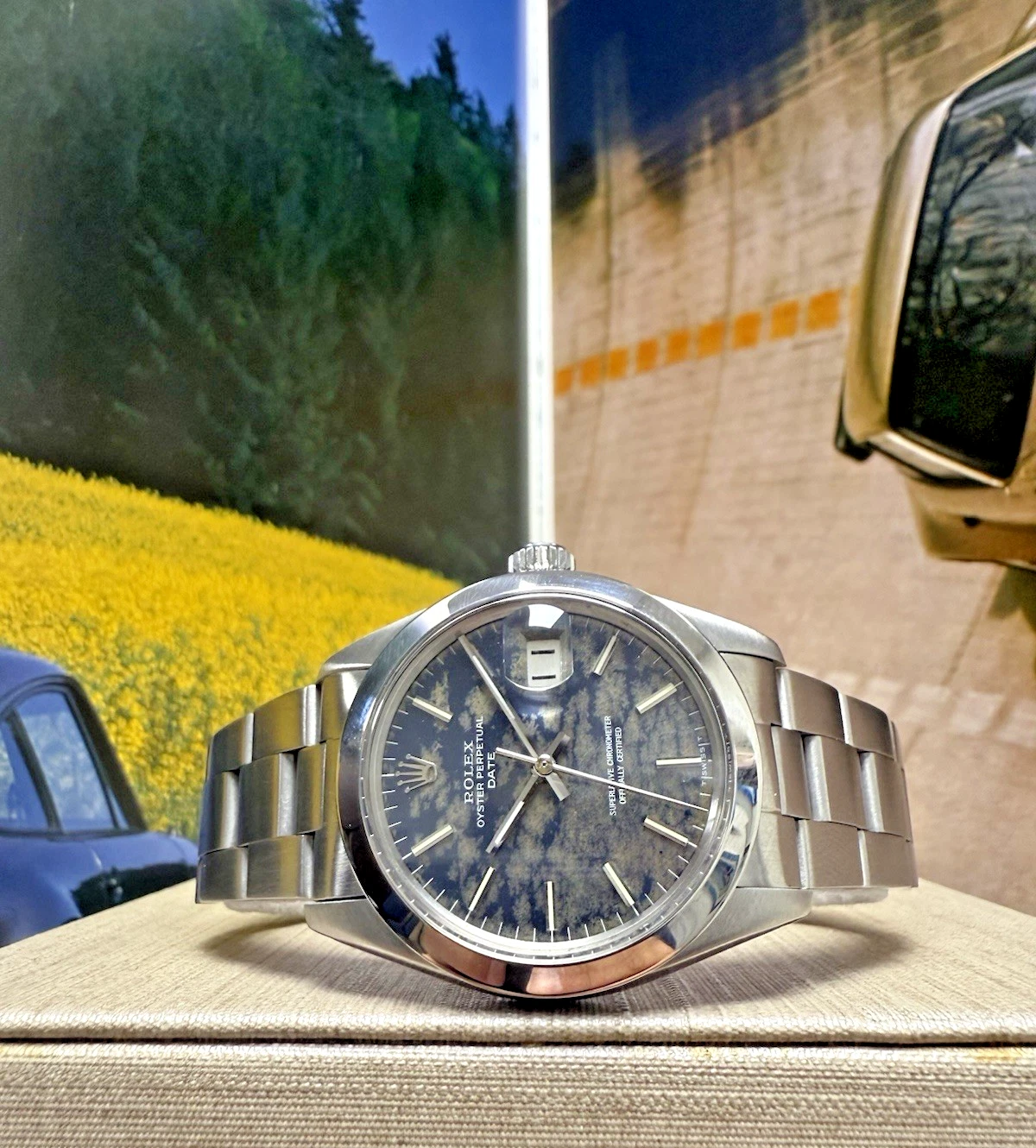 Mens Rolex Oyster Perpetual Date Stainless Steel Tropical Blue Dial 34mm Watch