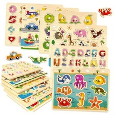 Wooden Peg Puzzles for Toddlers 2-4, 6 Pack Educational Peg Puzzles Montessori