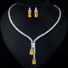 African Silver Plated Cubic Zirconia Bridal Wedding Necklace Earring Jewelry Set