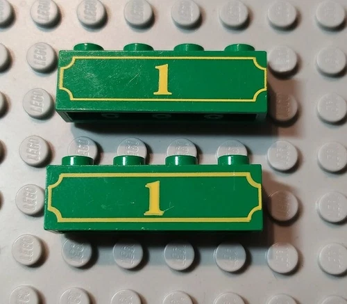 Lego 2x 1x4 Brick Green with Yellow "1" from Toy Story Train 7597 3010pb119