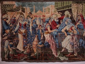 Ancienne Tapisserie Murale Bohème En Bambou Et Toile – Fait Main, Motif Paysage 154 Cm