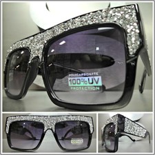 OVERSIZED VINTAGE RETRO Style SUN GLASSES Square Black Bling Frame Custom Made