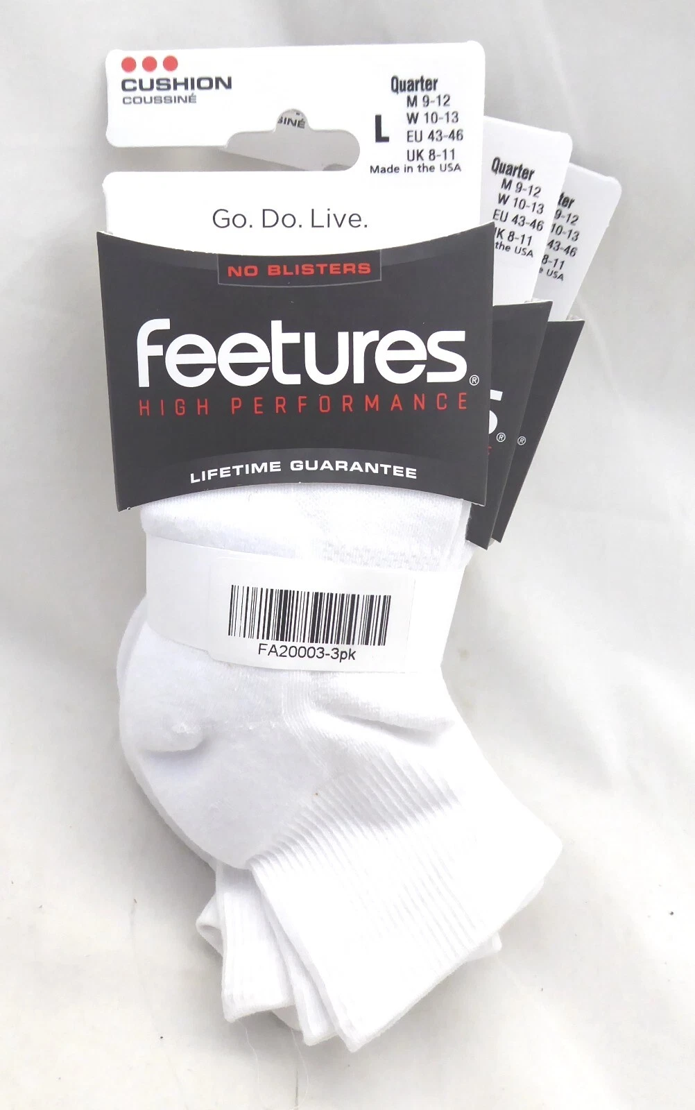 Feetures High Performance Cushion 3 pk Quarter (white) Small-XL, Unisex