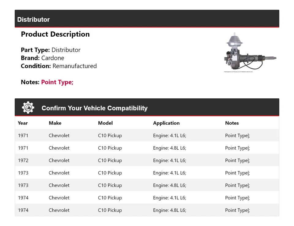 For 1971-1974 Chevrolet C10 Pickup Distributor Cardone 1972 1973 - Image 2 of 4