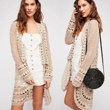 FREE PEOPLE Harmony Crochet Duster Cardigan Sand Tan Sz M 298 3E48 