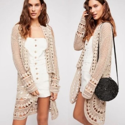 FREE PEOPLE Harmony Crochet Duster Cardigan Sand Tan Sz M $298 {3E48}
