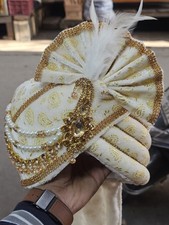 Cream  Gold Brocade Groom Turban with Kalgi Feather, Indian Wedding Safa 55cm