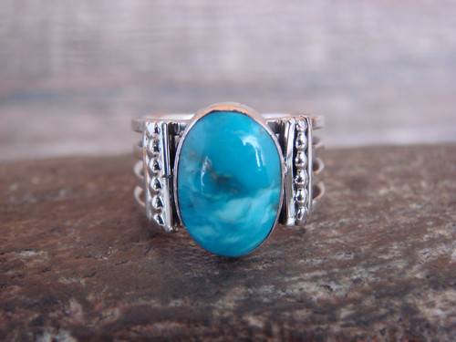 Native American Sterling Silver & Turquoise Ring Signed Yazzie - Size 8