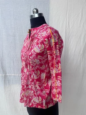 Túnica Algodón Rosa Mujer Blusa Verano Estilo Bohemio Étnico Kurti Flores - Imagen 1 de 4