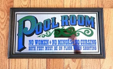 POOL  ROOM BILLARDS MIRROR SIGN NO WOMAN NO MINORS NO CURSING GAME ROOM MAN CAVE