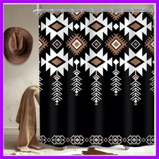 Black Western Aztec Abstract Tribal Ethnic Boho Bathroom Shower Curtain Set
