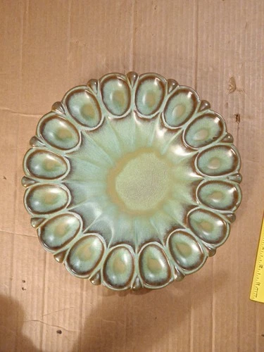 Frankoma Pottery 16 Egg Plate #819 - Prairie Green Brown- 11.5"
