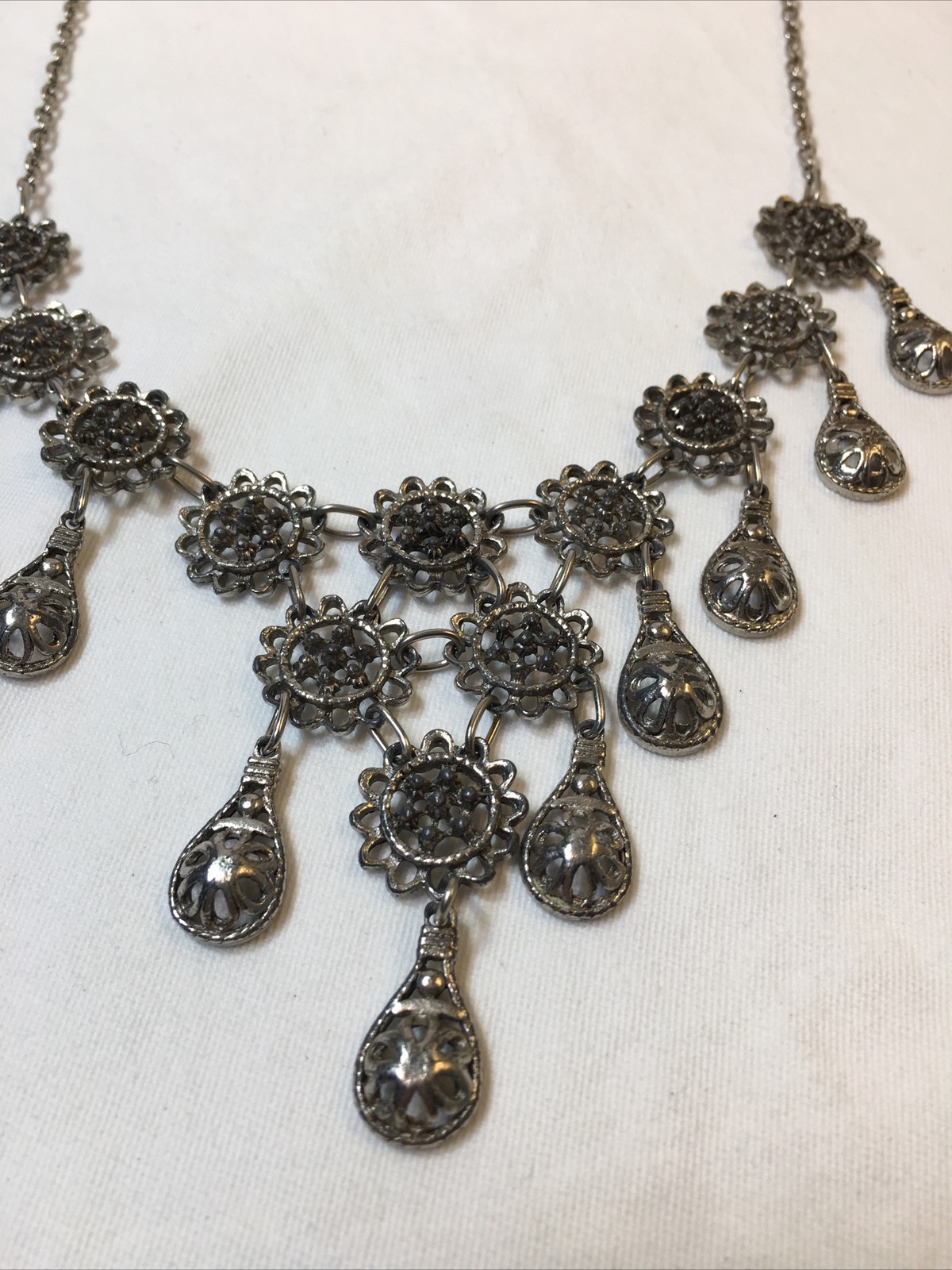 Statement Necklace Silver Tone Rustic Teardrop Do… - image 2