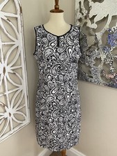 TALBOTS size 8 BLACK WHITE PAISLEY PRINT SLEEVELESS SHEATH DRESS WITH POCKETS