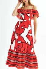 NINE West RED/White Multi Color Cold Shoulder Maxi Lined DRESS Size XL NWOT