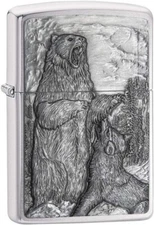 Zippo Bear vs Wolf Emblem Design Brushed Chrome 29636