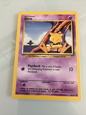 1999 abra pokemon card 1999 ABRA 43/102 Pokemon Base Set Card Near Mint NM Never Played WOTC  Common