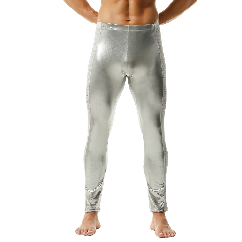 Mens Metallic Shiny Leggings Long Pants Stage Dance Casual Sports Tight Trousers