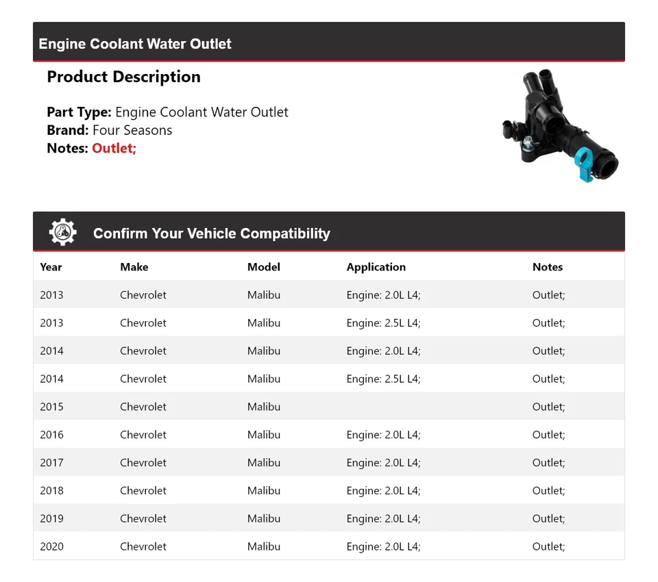 Salida de agua refrigerante motor Chevrolet Malibu 2013-2020 4 estaciones 2014 2015 Foto 2 de 3