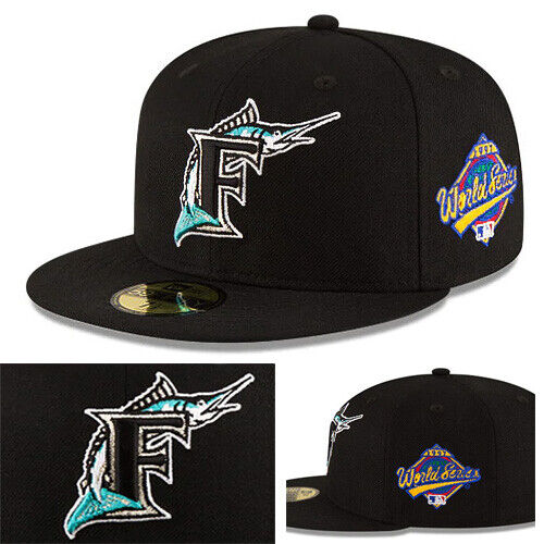 New Era MLB Florida Marlins Classic Black Fitted Hat World Series Side Patch Cap - Picture 1 of 8