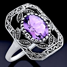 GENUINE 2 CT AMETHYST 925 STERLING SILVER CLASSIC STYLE FILIGREE RING   1112