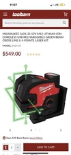 Milwaukee USB Rechargeable Green Cross Line Laser - Red/Black (3521-21)